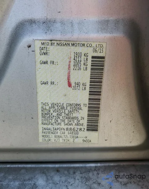 2015 Nissan Altima 2.5 from USA, damaged, VIN 1N4AL3AP0FN886282